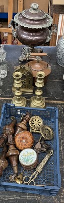 Lot 139 - Victorian copper tea urn, other copper, brass and sundries