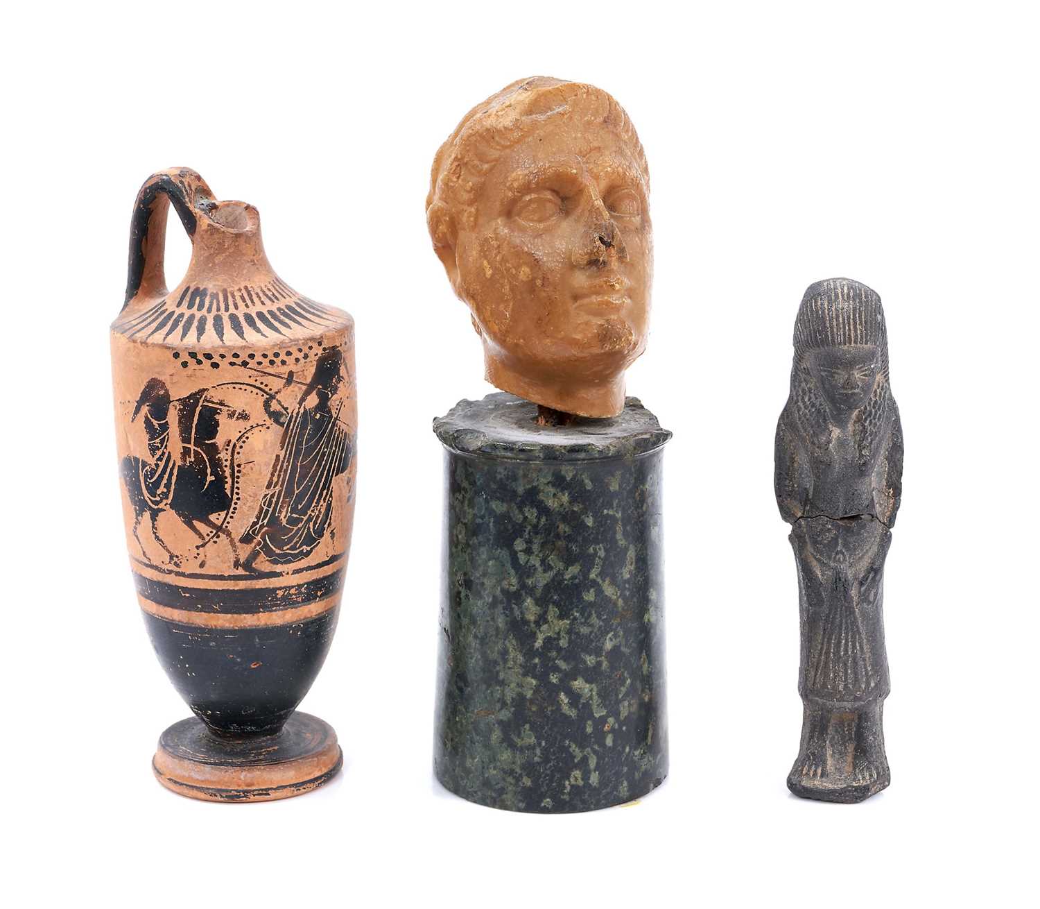 Lot 581 - Antique (possibly Ancient Greek) soap stone head of a statesman on stand, similar pottery ewer and an Egyptian shabti (in two pieces)