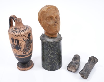 Lot 581 - Antique (possibly Ancient Greek) soap stone head of a statesman on stand, similar pottery ewer and an Egyptian shabti (in two pieces)