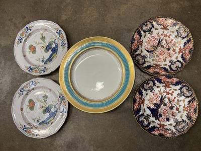 Lot 159 - Pair of Continental tin glazed dishes with Imari design, pair of Derby imari dishes and set of 19th century Minton dishes