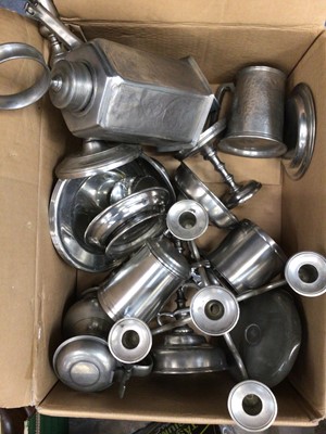 Lot 48 - Four boxes of mostly modern pewter, including candelabra, tankards, water stoups, etc