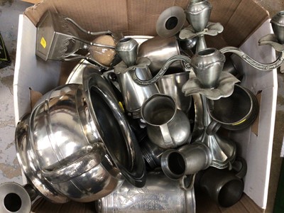 Lot 48 - Four boxes of mostly modern pewter, including candelabra, tankards, water stoups, etc