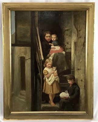 Lot 310 - Newlyn School, oil on canvas, family group and pets on cottage steps, 61cm x 46cm, in gilt frame