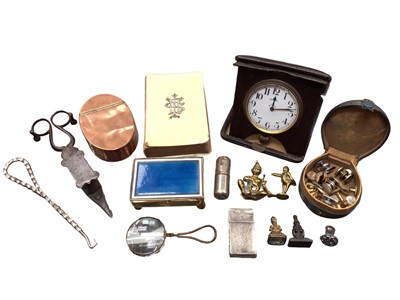 Lot 379 - Early 20th century leather cased travelling clock, together with a copper snuff box, candle snuffer, seals, button hook and sundries