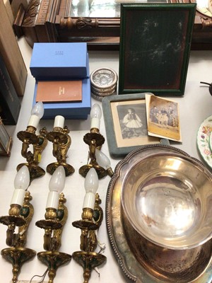 Lot 305 - Set of six brass wall mounted lights, silver plated ware, Smythson letter paper and envelopes (boxed), Smythson leather photograph frame etc