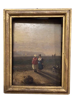 Lot 304 - 19th century English School oil on panel- figures and dog on the shore, 15cm x 11cm, in gilt frame