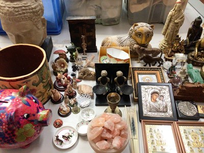 Lot 309 - Large resin Buddha head on stand,  a selection of brass and other Buddha ornaments, Country Artists mice ornaments, Greek icons and sundry items