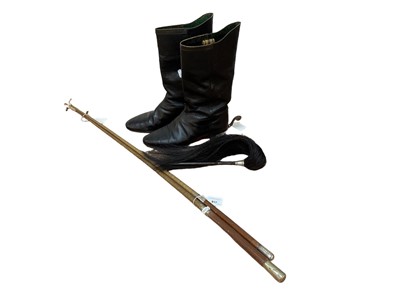 Lot 817 - Sussex Yeomanry military horse whip with engraved regimental badge and silver mount,  together with another similar and a pair of military boots.