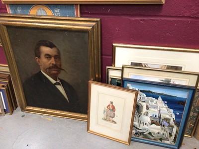 Lot 340 - Group of pictures and prints including a hand colouring portrait of a gentleman, landscape scenes etc