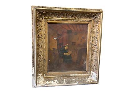 Lot 235 - 19th century Scottish School, oil on tin, interior scene with figure reading, inscribed verso ‘By Monro, Aberdeen’.