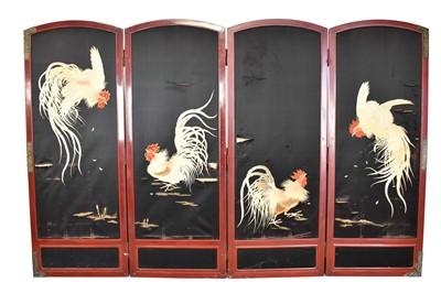 Lot 1169 - Japanese Meiji period red lacquered and silk embroidered four fold screen, with depictions of cockerels