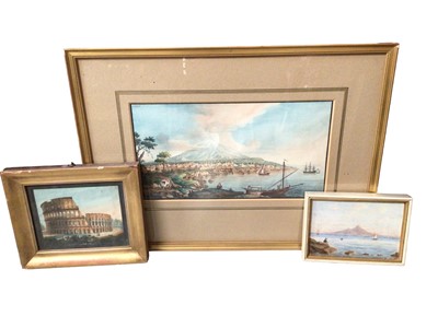 Lot 318 - Three Grand Tour pictures to include a coloured plate- View of Mount Etna from Catania, one other of the Colosseum and a small oil on canvas