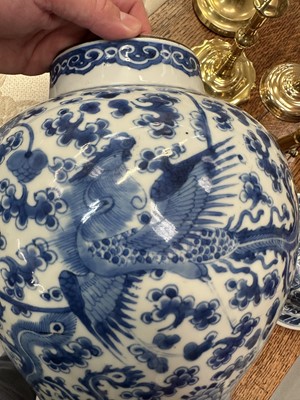 Lot 30 - 18th century Chinese blue and white baluster vase and cover, with phoenix ornament.