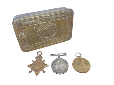 Lot 803 - First World War Princess Mary gift tin, together with a 1914 - 15 Star trio comprising 1914 - 15 Star, War and Victory  medals named to 192540. H. S. Barrow. A.B. R.N. and a framed.