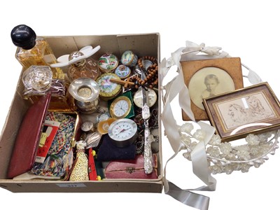 Lot 317 - Group of trinket pots, travel clocks, three bottles of perfume, small leather sewing box and accessories, rosary beads, two bridesmaid head dresses, miniature picture and other items