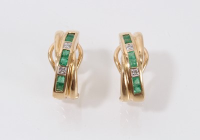 Lot 330 - Pair of 9ct gold emerald and diamond earrings