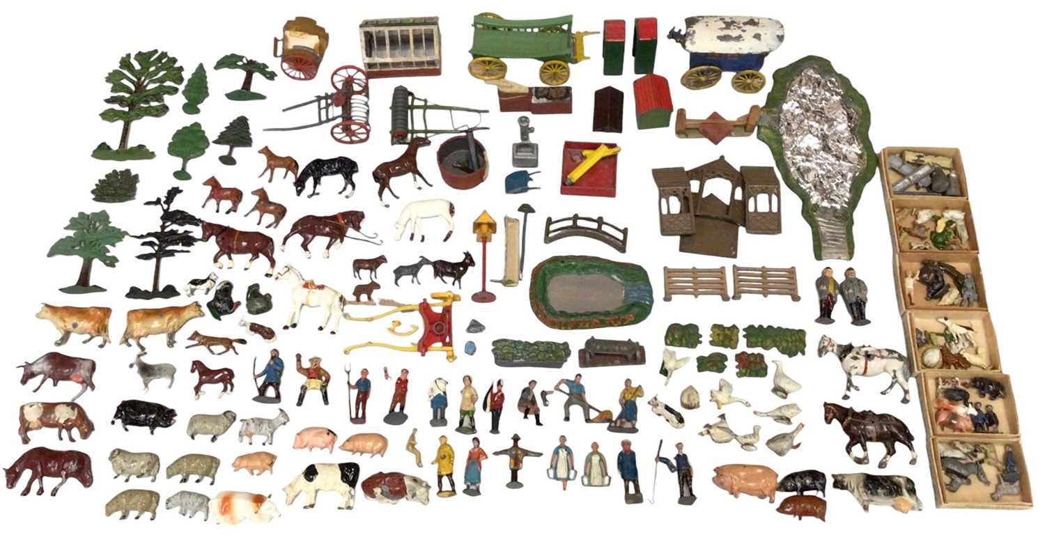 Lot 1820 - Collection of Britains lead farm animals, figures, buildings, trees and accessories