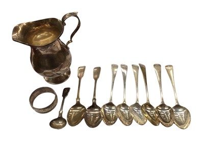 Lot 1045 - Set of six George IV silver Old English pattern teaspoons by William Bateman, two other silver teaspoons, silver cream jug, silver salt spoon and a silver napkin ring