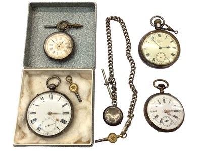 Lot 1046 - Victorian silver pocket watch with fusee movement by J C Count of Sleaford, Waltham pocket watch and two late 19th century silver fob watches and a watch chain with fob