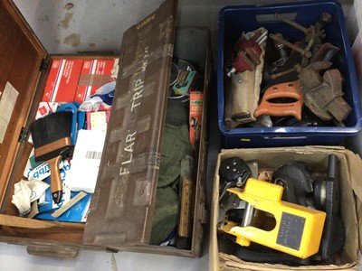 Lot 354 - Quantity of old tools, Chubb locks in packets, accessories, ammunition case etc