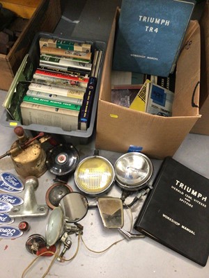 Lot 358 - Group of vintage car parts, various car manuals, car racing books etc (2 boxes)