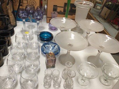 Lot 356 - Group of glassware including a set of nine tumblers with engraved Greek figure decoration, four glass pedestal dishes and matching pedestal vase, coloured glass etc