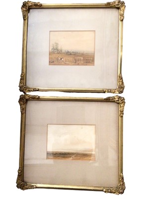 Lot 343 - Pair of watercolour studies- haybailing scene and landscape with sheep and two men on horseback, both in glazed gilt frames, together with other prints and a battle scene relief picture