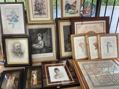 Lot 228 - Victorian needlework sampler in glazed frame, antique engravings and sundry pictures