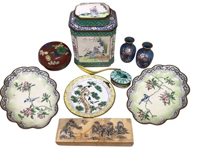 Lot 327 - Chinese enamel tea canister with figure decoration, three similar style dishes, clisonne pot with cover, pair of clisonne miniature vases and a mother of pearl inlaid pen box