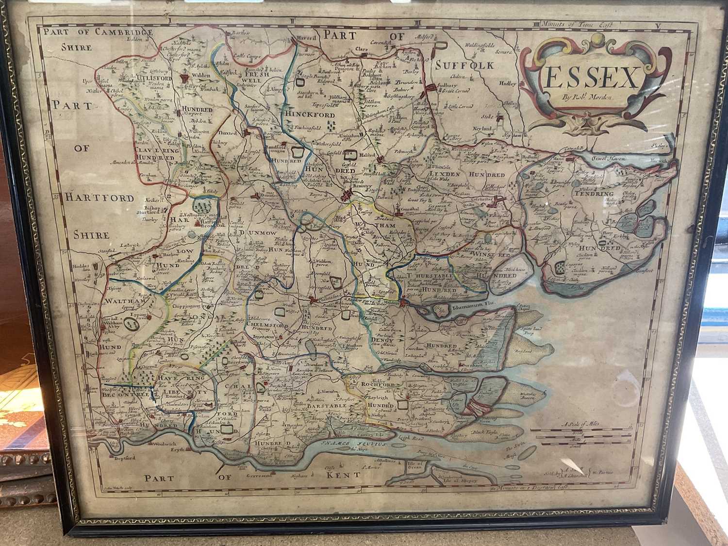 Lot 229 - 18th century hand coloured map of Essex by Robert Mordan, in glazed frame.