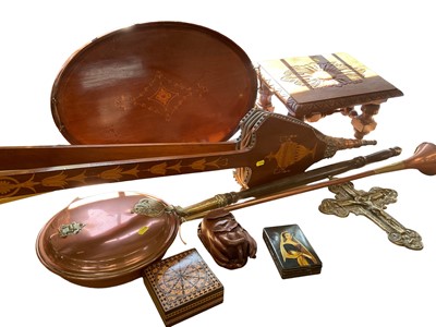 Lot 230 - Pair of Edwardian inlaid mahogany bellows, Edwardian inlaid mahogany oval tray, Victorian Tunbridge ware style box, brasss crucifix, Victorian painted tin snuff box and sundry items