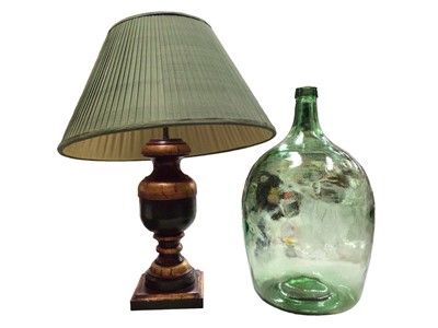 Lot 337 - Decorative painted wood table lamp with shade and a vintage green glass carboy