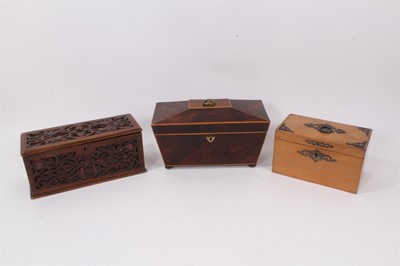 Lot 1206 - Regency sarcophagus form tea caddy, a pine tea caddy and a Victorian pierced glove box