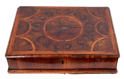 Lot 657 - Large William and Mary oyster veneered lace box, and contents including some early lace work