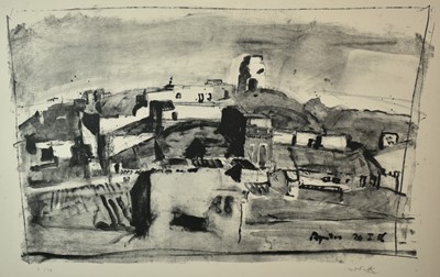 Lot 1208 - Hans Falk (1918-2002), lithograph, view of a town, 1956, signed and numbered 7/29