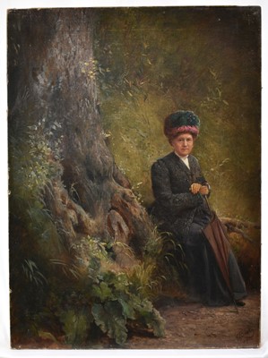 Lot 1209 - Edward Batty (1839-1918), oil on canvas, lady seated in a wooded dell, signed and dated 1916