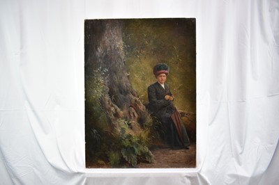 Lot 1209 - Edward Batty (1839-1918), oil on canvas, lady seated in a wooded dell, signed and dated 1916