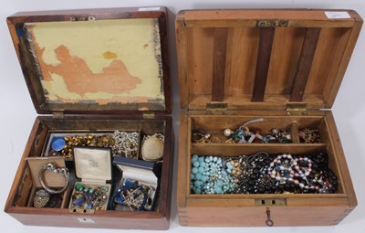 Lot 366 - Two boxes of vintage costume jewellery including silver ram's head bangle, silver brooches, cultured pearl necklaces and other costume jewellery