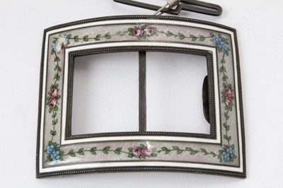 Lot 220 - Art Deco silver mounted dressing table brushes and mirror,  and a silver and enamelled buckle