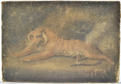 Lot 1226 - Manner of Benjamin Zobel: Large 19th century sand picture, depiction of a tiger