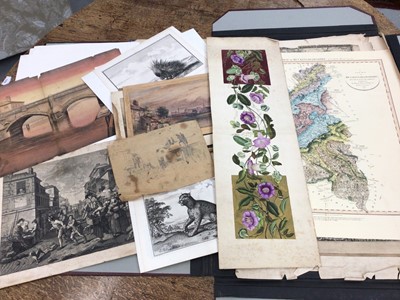 Lot 1227 - Folder of unframed prints, original works and maps including Victorian watercolour frieze design etc