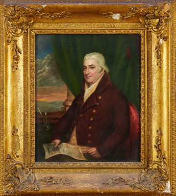 Lot 1229 - Early 19th century oil on panel, portrait of a statesman, reading a newspaper dated 1805, in period swept frame