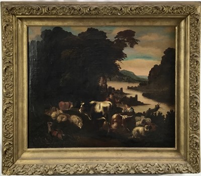 Lot 21 - Large 19th century naive oil on canvas, classical scene with cattle