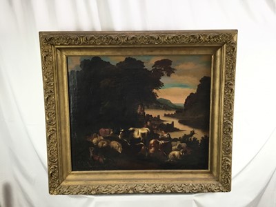 Lot 21 - Large 19th century naive oil on canvas, classical scene with cattle