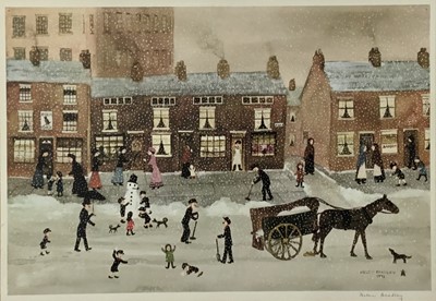 Lot 11 - Helen Bradley (1900-1979) print - building a snowman, signed