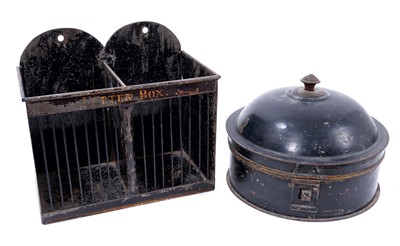 Lot 1250 - Victorian toleware letter box tilted ‘letter box’ to front and a toleware spice box