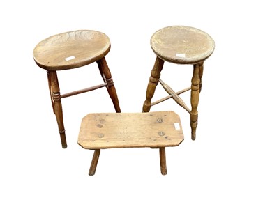 Lot 1251 - 19th century painted pine stool, together with two further rustic pine stools