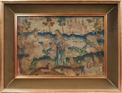 Lot 660 - 17th century fragmentary embroidery, depicting a biblical scene, in glazed frame