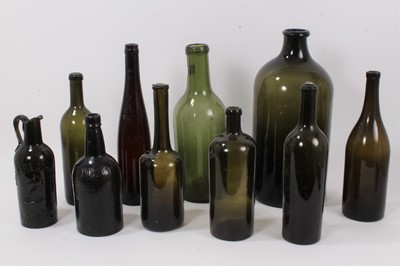 Lot 1271 - Large 18th century free blown green glass bottle together with other 18th / 19th century bottles