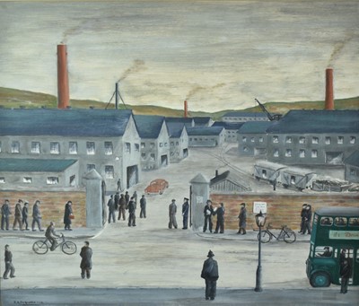 Lot 1207 - R A Boswell, oil on board, factory gates, signed and dated ‘62